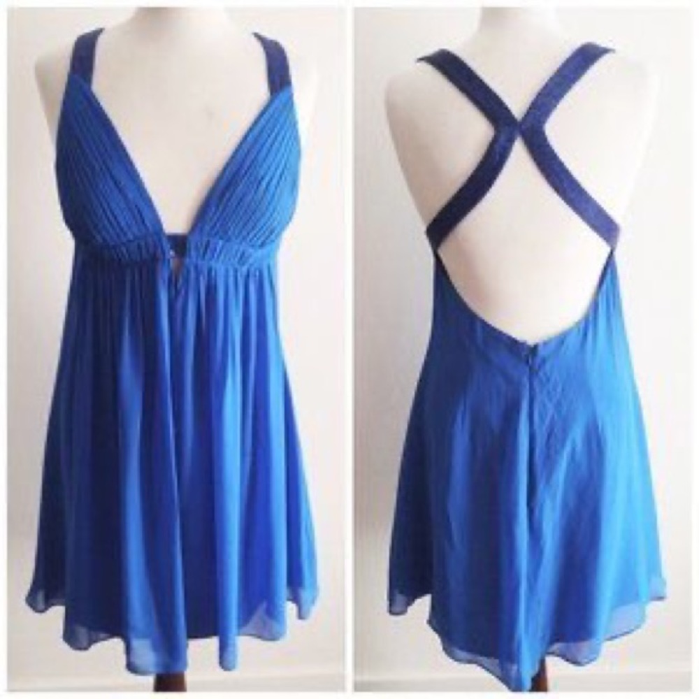 Cache Silk Beaded Halter Dress Size 2 Royal Blue